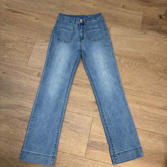 Kunmi Women's High Waist Wide Leg Stretch Denim Jeans with Patch Pockets - Picture 1 of 2